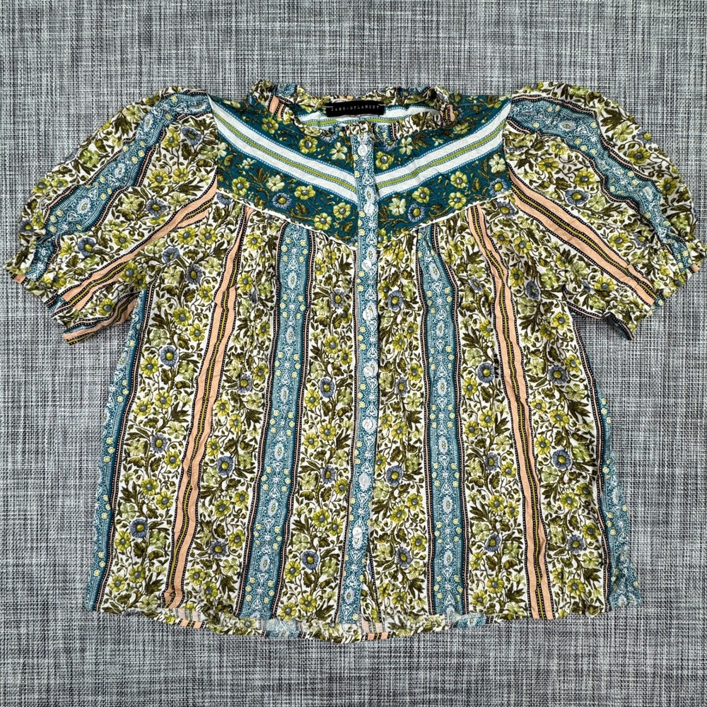 Jane + Delancey Womens Floral Stripe Puff Sleeve Button Blouse Small Boho